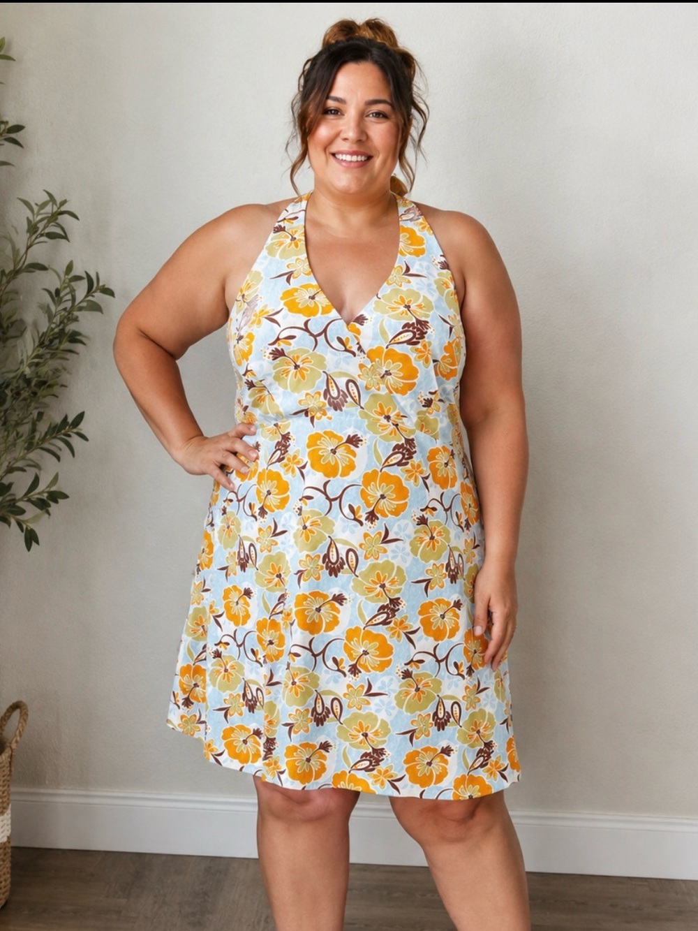 Women's Halter Floral Swim Dress in Yellow & Blue